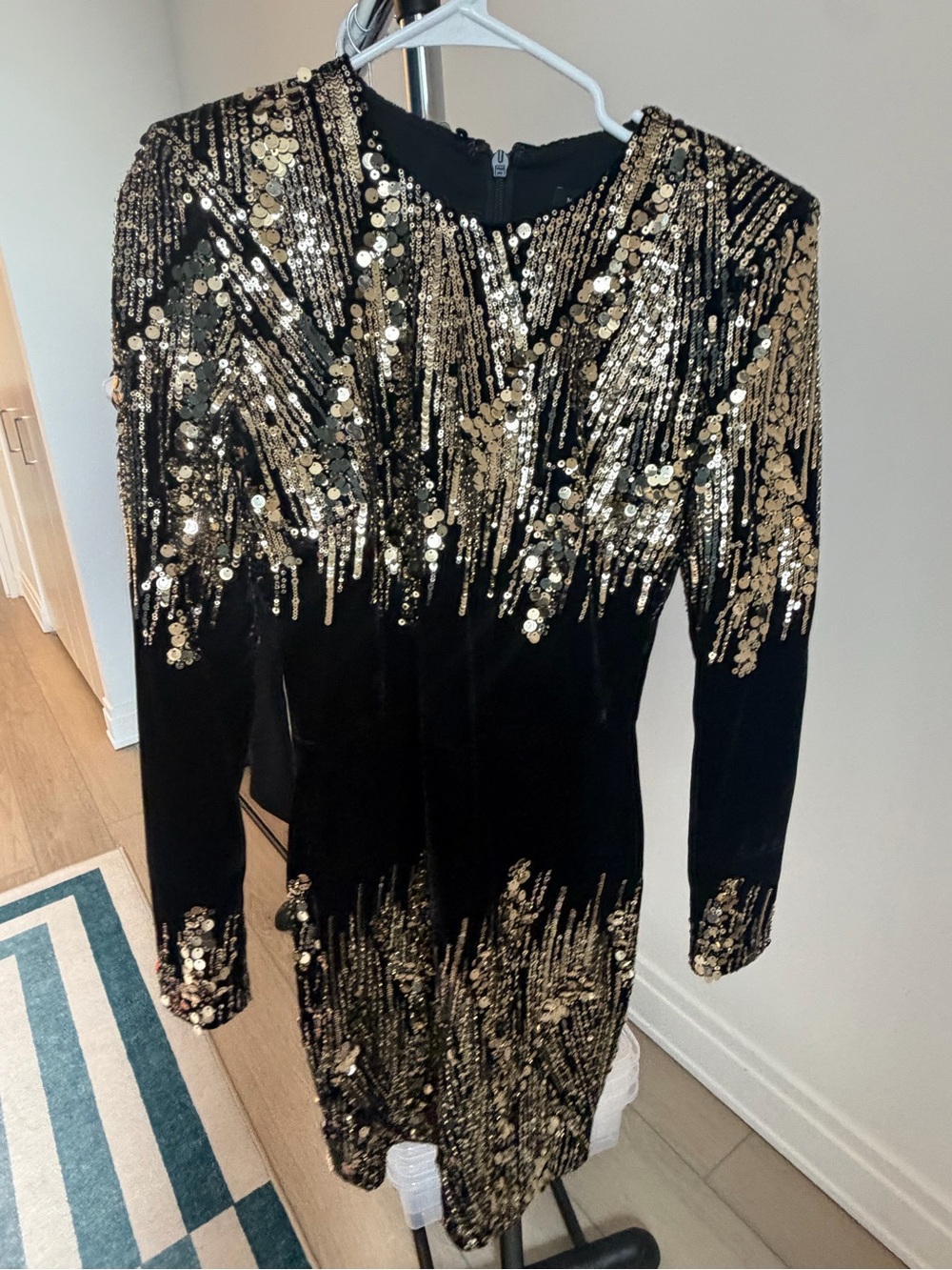 NADINE MERABI Black Velvet Mini Dress with Gold Sequin Detail